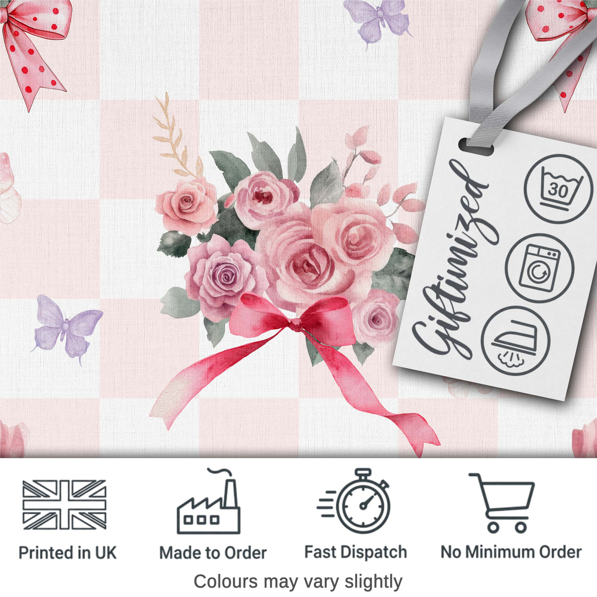 Cute Watercolor Roses Bouquet with Red Ribbon    Gingham Pink Background Digital Print Fabric by the Metre UK Sewing Quilting Textile