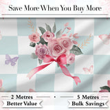 Cute Watercolor Roses Bouquet with Red Ribbon    Gingham Blue Background Digital Print Fabric by the Metre UK Sewing Quilting Textile