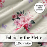 Cute Watercolor Roses Bouquet with Red Ribbon    Soft Olive Background Digital Print Fabric by the Metre UK Sewing Quilting Textile
