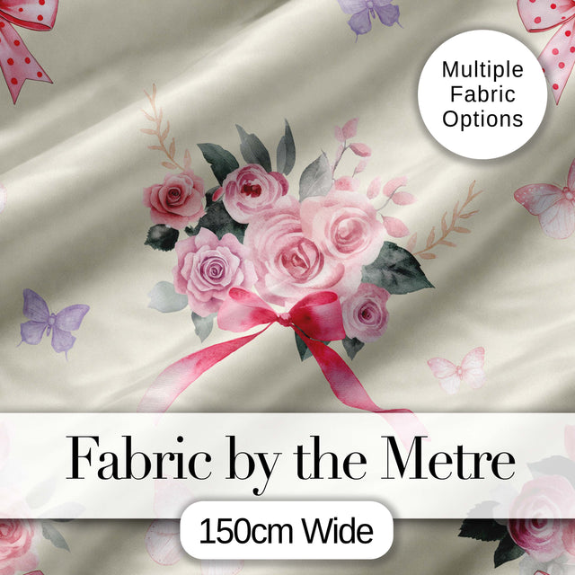 Cute Watercolor Roses Bouquet with Red Ribbon    Soft Olive Background Digital Print Fabric by the Metre UK Sewing Quilting Textile