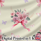 Cute Watercolor Roses Bouquet with Red Ribbon    Soft Olive Background Digital Print Fabric by the Metre UK Sewing Quilting Textile