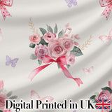 Cute Watercolor Roses Bouquet with Red Ribbon    Light Cream Background Digital Print Fabric by the Metre UK Sewing Quilting Textile
