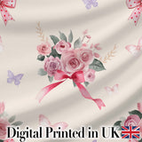 Cute Watercolor Roses Bouquet with Red Ribbon    Neutral Beige Background Digital Print Fabric by the Metre UK Sewing Quilting Textile