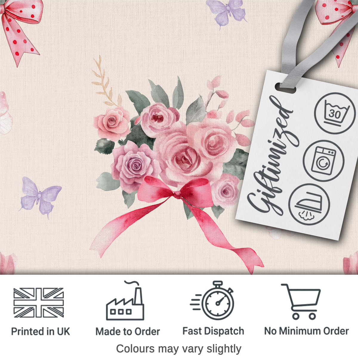 Cute Watercolor Roses Bouquet with Red Ribbon    Neutral Beige Background Digital Print Fabric by the Metre UK Sewing Quilting Textile
