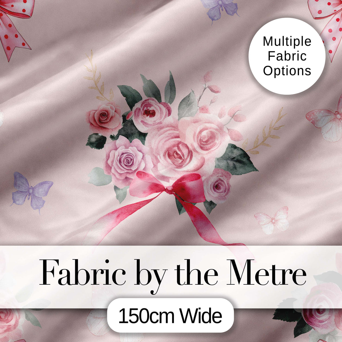 Cute Watercolor Roses Bouquet with Red Ribbon    Warm Blush Background Digital Print Fabric by the Metre UK Sewing Quilting Textile