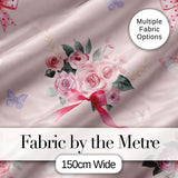 Cute Watercolor Roses Bouquet with Red Ribbon    Warm Blush Background Digital Print Fabric by the Metre UK Sewing Quilting Textile