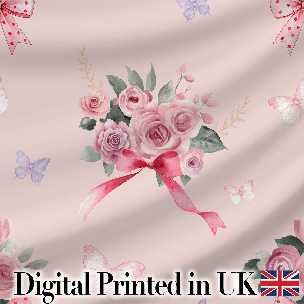 Cute Watercolor Roses Bouquet with Red Ribbon    Warm Blush Background Digital Print Fabric by the Metre UK Sewing Quilting Textile