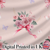 Cute Watercolor Roses Bouquet with Red Ribbon    Warm Blush Background Digital Print Fabric by the Metre UK Sewing Quilting Textile