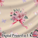 Cute Watercolor Roses Bouquet with Red Ribbon    Warm Beige Background Digital Print Fabric by the Metre UK Sewing Quilting Textile