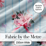 Cute Watercolor Roses Bouquet with Red Ribbon    Soft Blue Stripe Background Digital Print Fabric by the Metre UK Sewing Quilting Textile