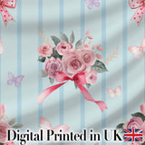Cute Watercolor Roses Bouquet with Red Ribbon    Soft Blue Stripe Background Digital Print Fabric by the Metre UK Sewing Quilting Textile