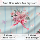 Cute Watercolor Roses Bouquet with Red Ribbon    Soft Blue Stripe Background Digital Print Fabric by the Metre UK Sewing Quilting Textile