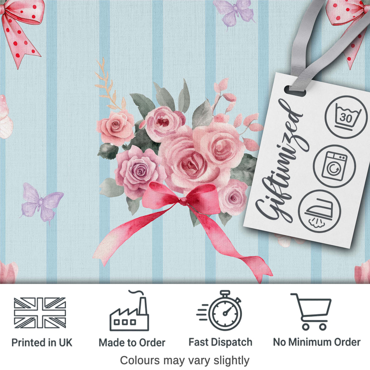 Cute Watercolor Roses Bouquet with Red Ribbon    Soft Blue Stripe Background Digital Print Fabric by the Metre UK Sewing Quilting Textile
