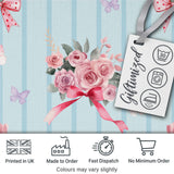 Cute Watercolor Roses Bouquet with Red Ribbon    Soft Blue Stripe Background Digital Print Fabric by the Metre UK Sewing Quilting Textile