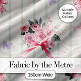 Cute Watercolor Roses Bouquet with Red Ribbon    Sage Green Stripe Background Digital Print Fabric by the Metre UK Sewing Quilting Textile
