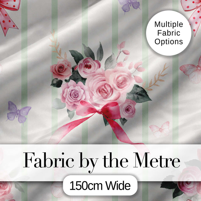 Cute Watercolor Roses Bouquet with Red Ribbon    Sage Green Stripe Background Digital Print Fabric by the Metre UK Sewing Quilting Textile