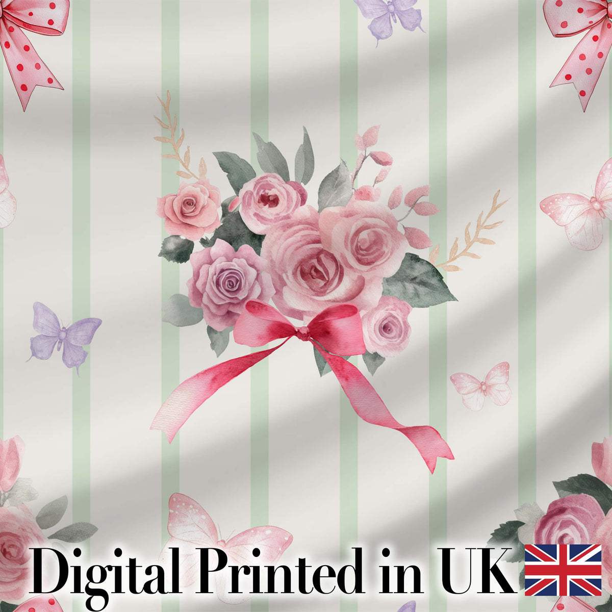 Cute Watercolor Roses Bouquet with Red Ribbon    Sage Green Stripe Background Digital Print Fabric by the Metre UK Sewing Quilting Textile