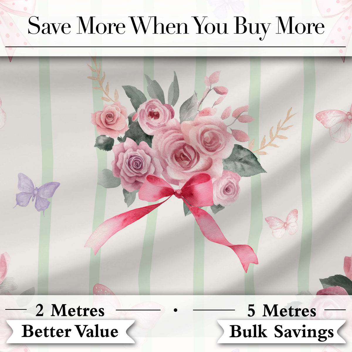 Cute Watercolor Roses Bouquet with Red Ribbon    Sage Green Stripe Background Digital Print Fabric by the Metre UK Sewing Quilting Textile