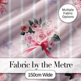 Cute Watercolor Roses Bouquet with Red Ribbon    Blush Pink Stripe Background Digital Print Fabric by the Metre UK Sewing Quilting Textile