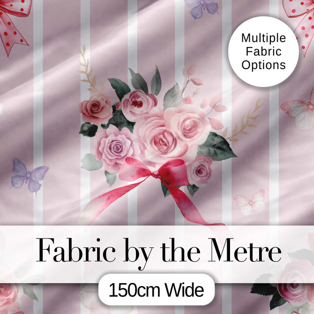 Cute Watercolor Roses Bouquet with Red Ribbon    Blush Pink Stripe Background Digital Print Fabric by the Metre UK Sewing Quilting Textile