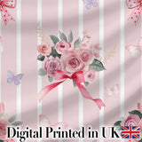 Cute Watercolor Roses Bouquet with Red Ribbon    Blush Pink Stripe Background Digital Print Fabric by the Metre UK Sewing Quilting Textile