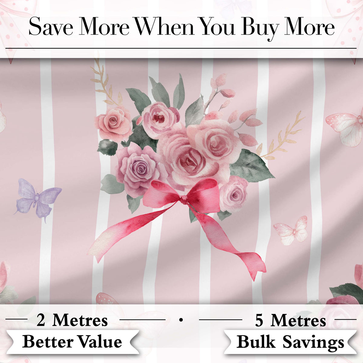 Cute Watercolor Roses Bouquet with Red Ribbon    Blush Pink Stripe Background Digital Print Fabric by the Metre UK Sewing Quilting Textile