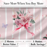 Cute Watercolor Roses Bouquet with Red Ribbon    Blush Pink Stripe Background Digital Print Fabric by the Metre UK Sewing Quilting Textile
