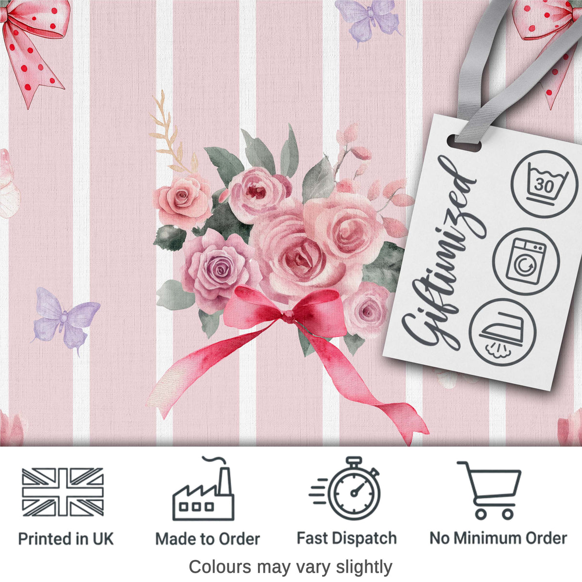 Cute Watercolor Roses Bouquet with Red Ribbon    Blush Pink Stripe Background Digital Print Fabric by the Metre UK Sewing Quilting Textile