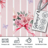 Cute Watercolor Roses Bouquet with Red Ribbon    Blush Pink Stripe Background Digital Print Fabric by the Metre UK Sewing Quilting Textile