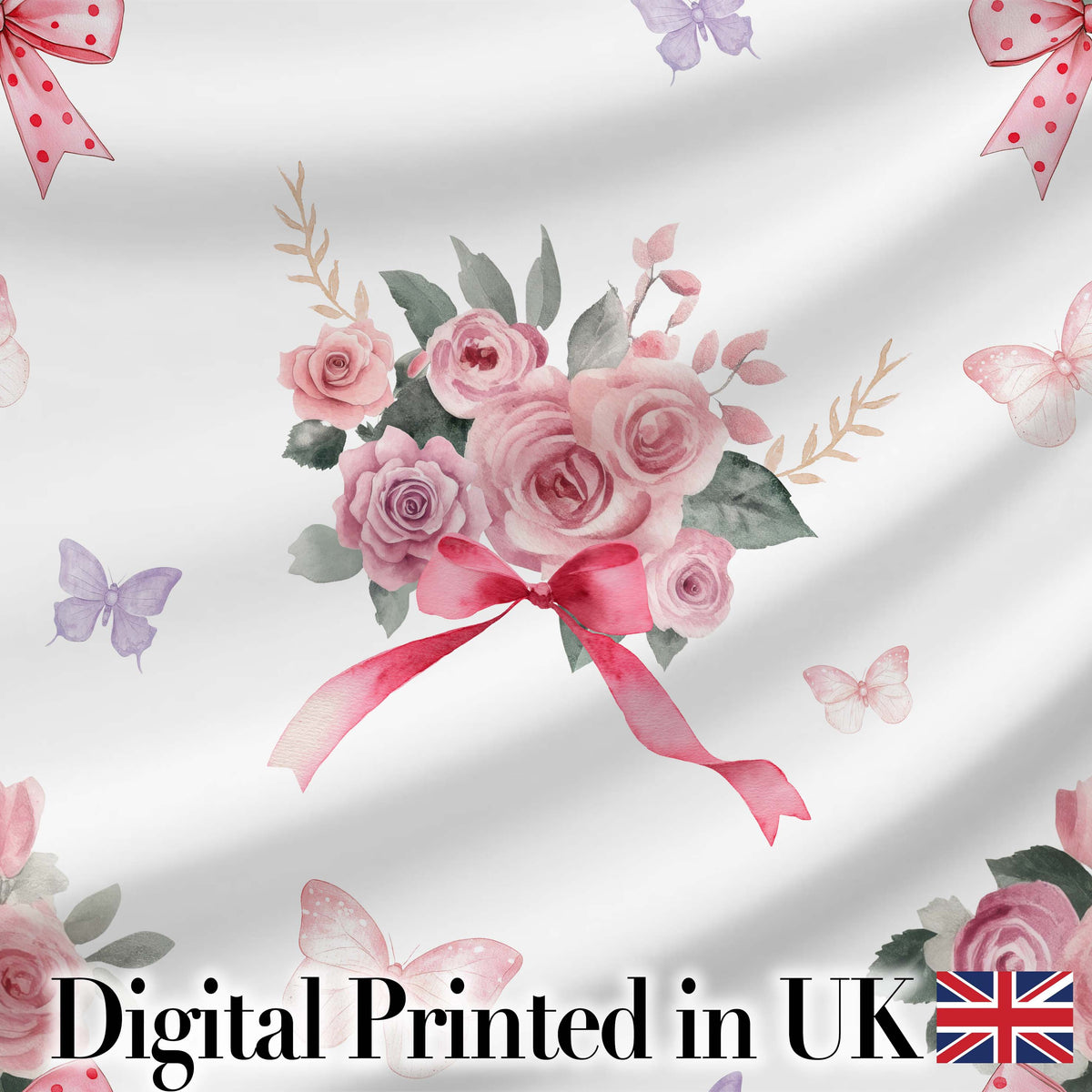 Cute Watercolor Roses Bouquet with Red Ribbon    Light Grey Background Digital Print Fabric by the Metre UK Sewing Quilting Textile