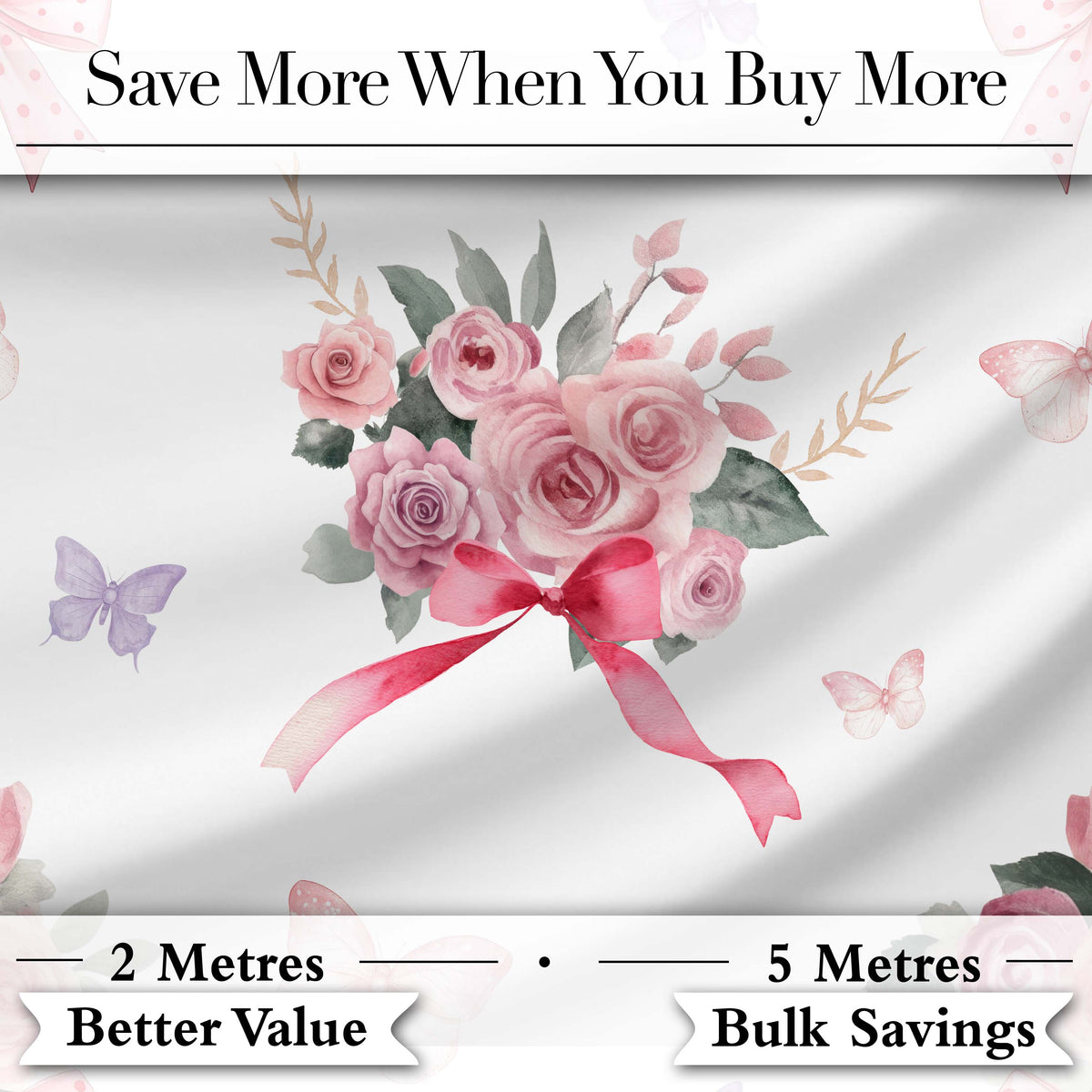 Cute Watercolor Roses Bouquet with Red Ribbon    Light Grey Background Digital Print Fabric by the Metre UK Sewing Quilting Textile