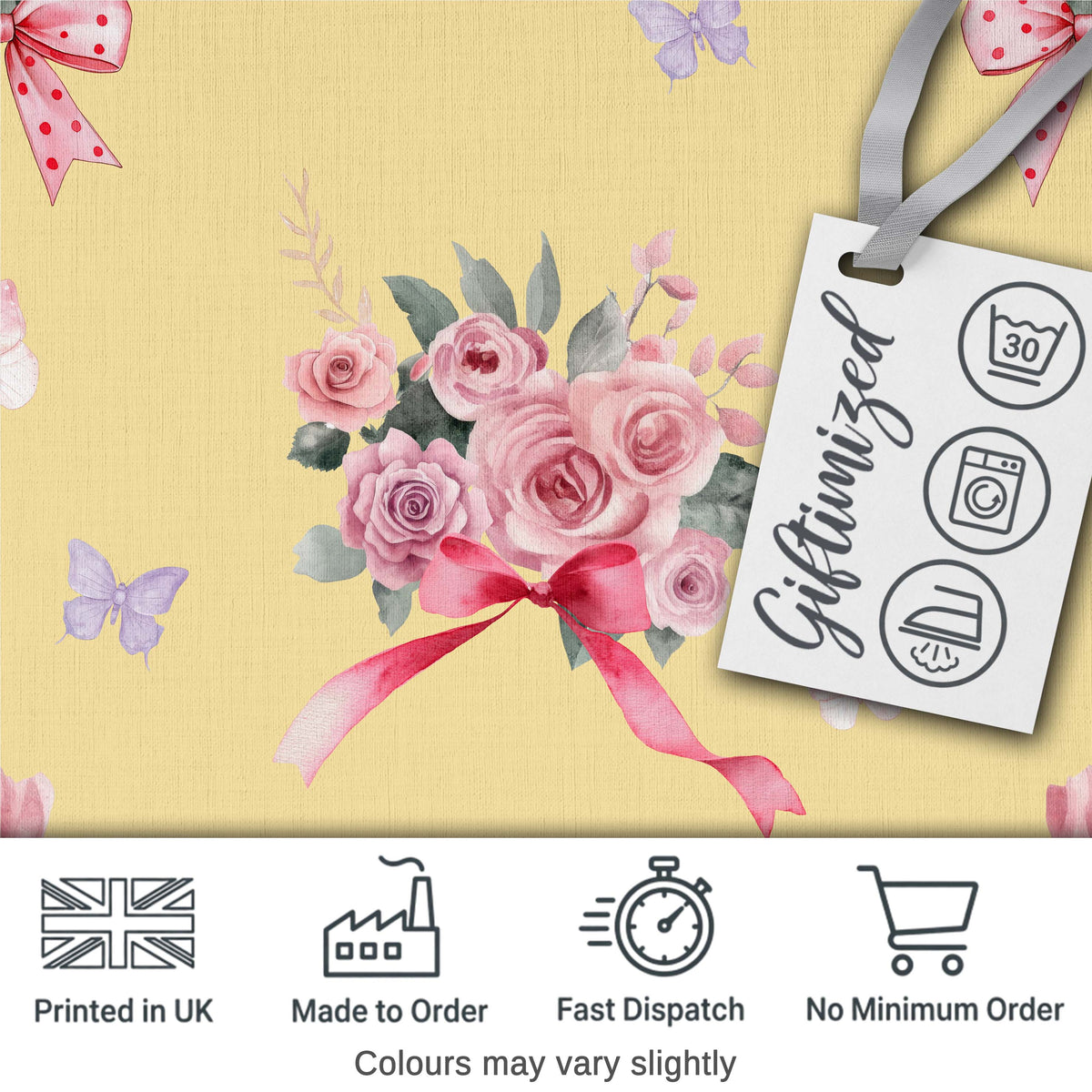 Cute Watercolor Roses Bouquet with Red Ribbon    Soft Yellow Background Digital Print Fabric by the Metre UK Sewing Quilting Textile