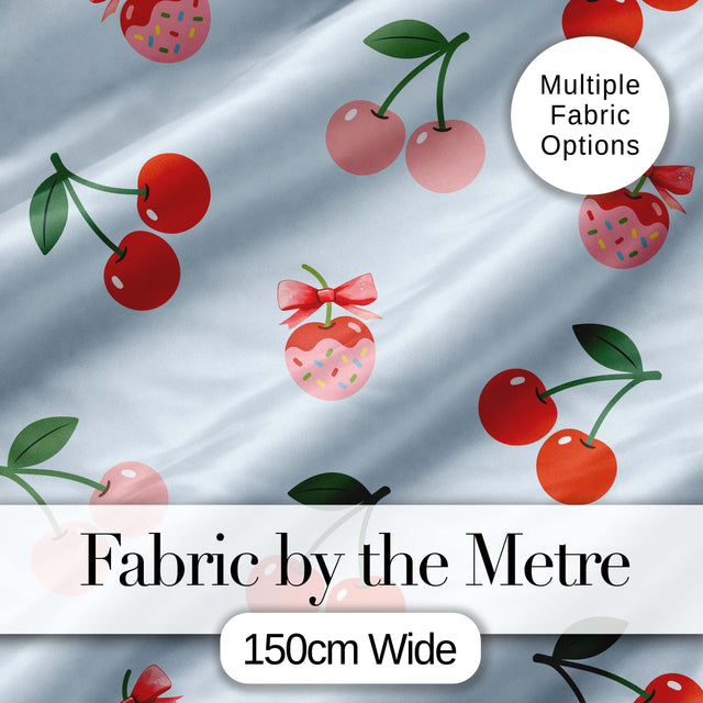 Cute Cherry Fruit with Bow and Sprinkles  Pattern Pastel Blue Background Digital Print Fabric by the Metre UK Sewing Quilting Textile