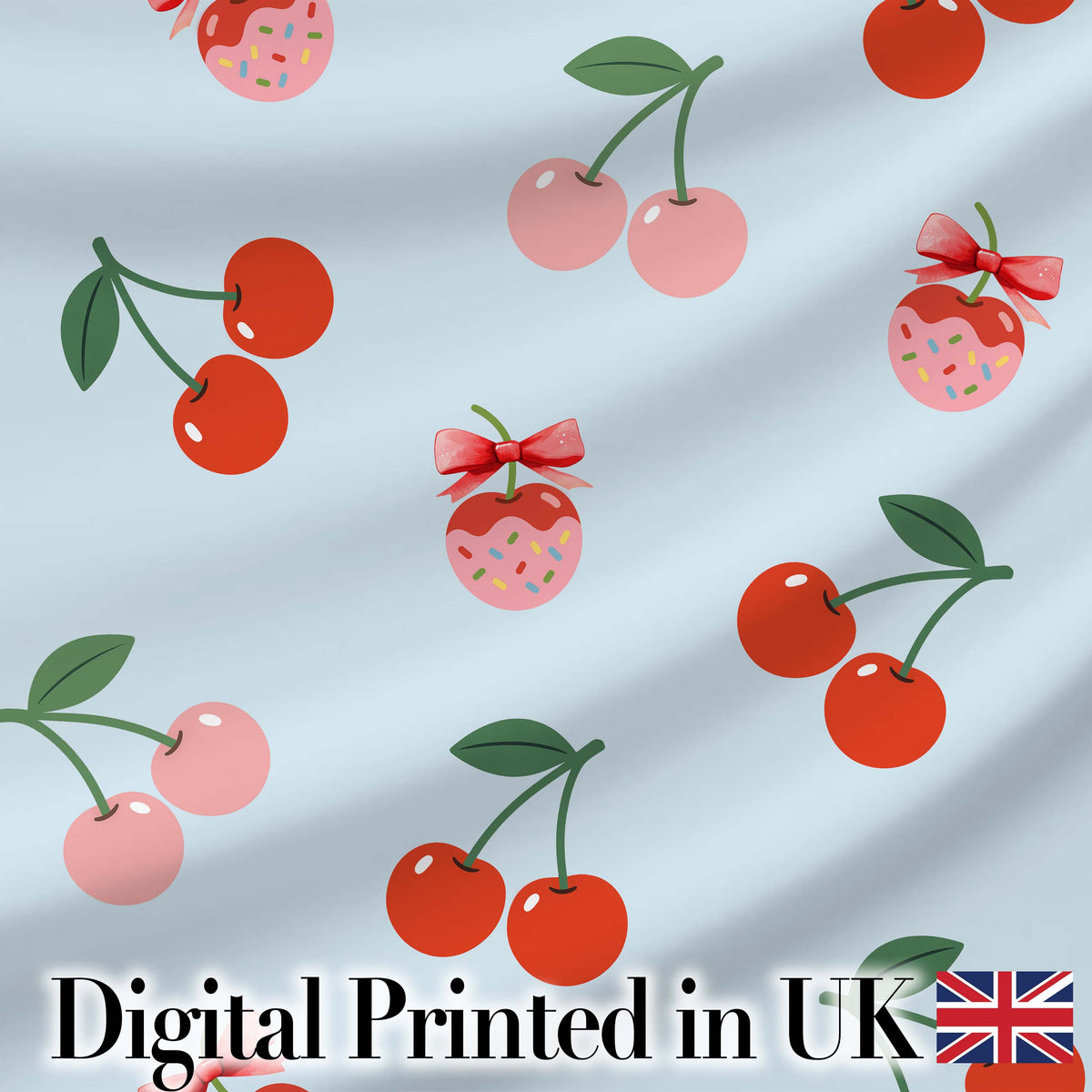 Cute Cherry Fruit with Bow and Sprinkles  Pattern Pastel Blue Background Digital Print Fabric by the Metre UK Sewing Quilting Textile