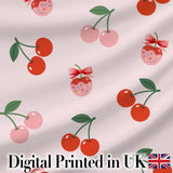 Cute Cherry Fruit with Bow and Sprinkles Seamless Pattern Soft Pink Background Digital Print Fabric by the Metre UK Sewing Quilting Textile
