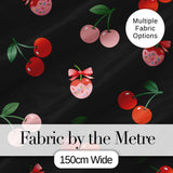 Cute Cherry Fruit with Bow and Sprinkles Seamless Pattern Black Background Digital Print Fabric by the Metre UK Sewing Quilting Textile