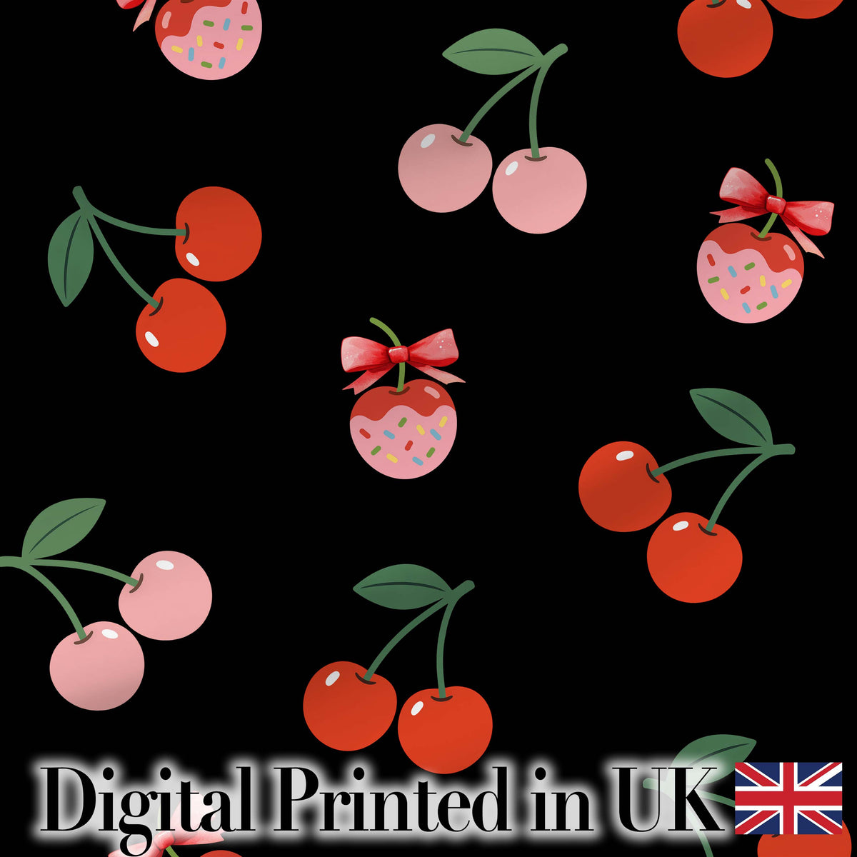 Cute Cherry Fruit with Bow and Sprinkles Seamless Pattern Black Background Digital Print Fabric by the Metre UK Sewing Quilting Textile