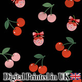 Cute Cherry Fruit with Bow and Sprinkles Seamless Pattern Black Background Digital Print Fabric by the Metre UK Sewing Quilting Textile