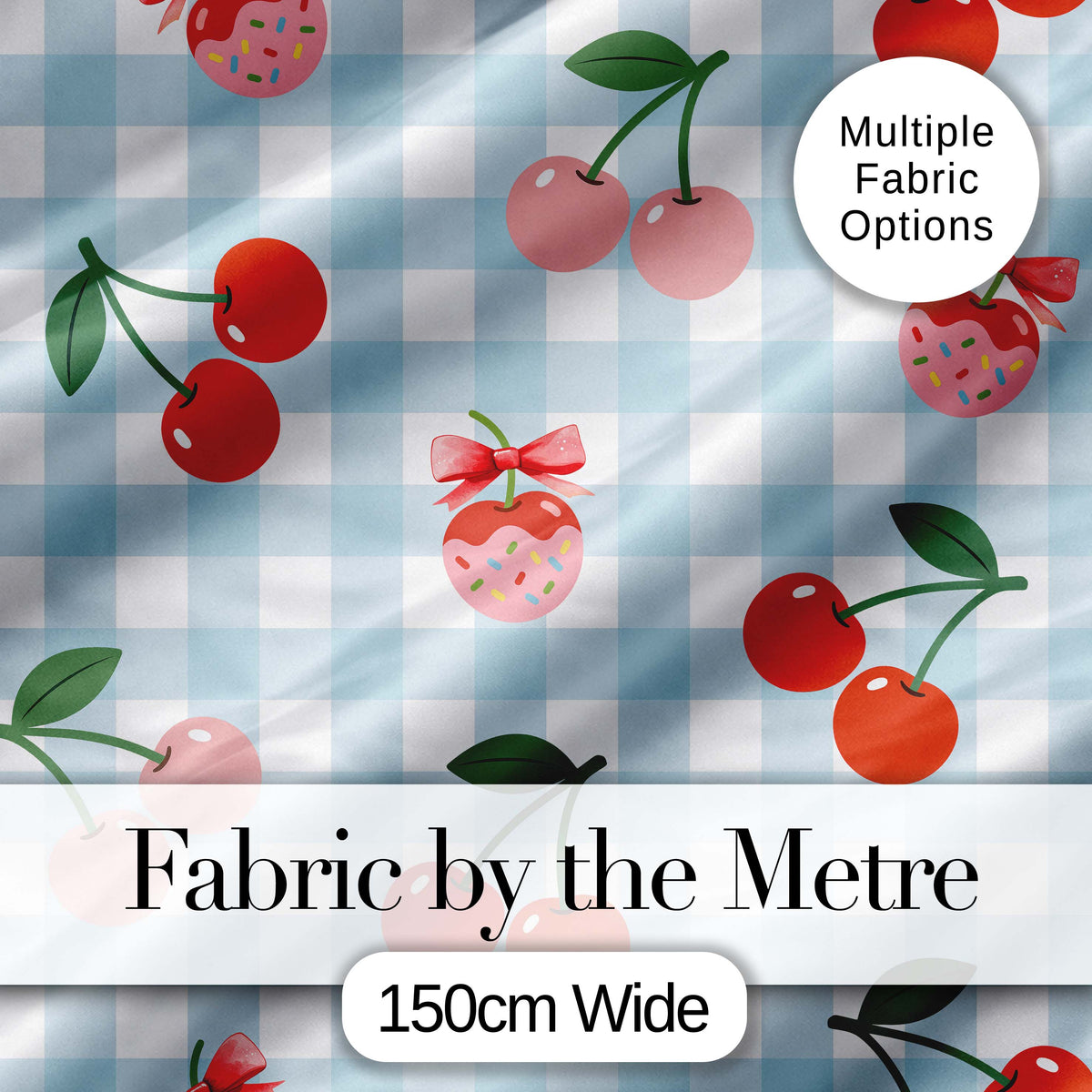 Cute Cherry Fruit with Bow and Sprinkles  Pattern Blue Gingham Check Background Digital Print Fabric by the Metre UK Sewing Quilting Textile