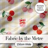 Cute Cherry Fruit with Bow and Sprinkles   Yellow Gingham Check Background Digital Print Fabric by the Metre UK Sewing Quilting Textile