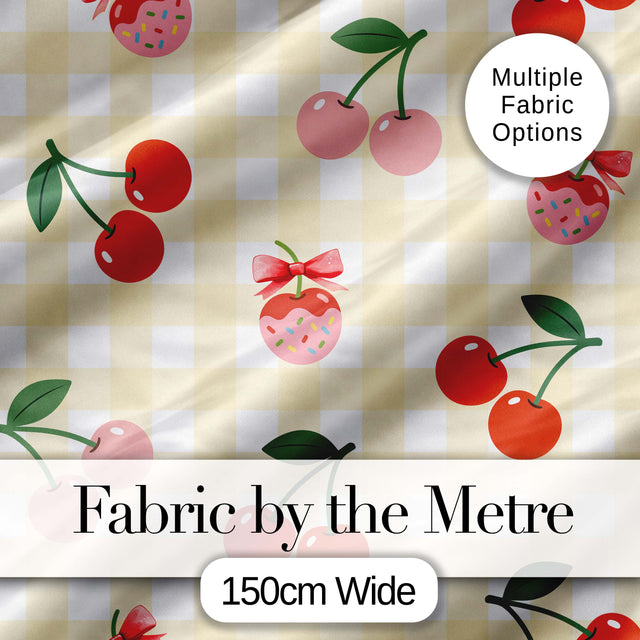 Cute Cherry Fruit with Bow and Sprinkles   Yellow Gingham Check Background Digital Print Fabric by the Metre UK Sewing Quilting Textile