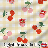 Cute Cherry Fruit with Bow and Sprinkles   Yellow Gingham Check Background Digital Print Fabric by the Metre UK Sewing Quilting Textile