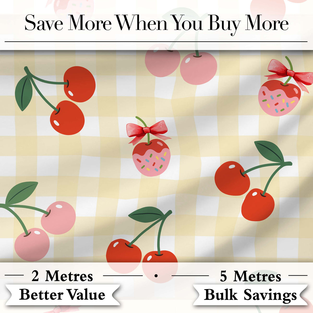 Cute Cherry Fruit with Bow and Sprinkles   Yellow Gingham Check Background Digital Print Fabric by the Metre UK Sewing Quilting Textile