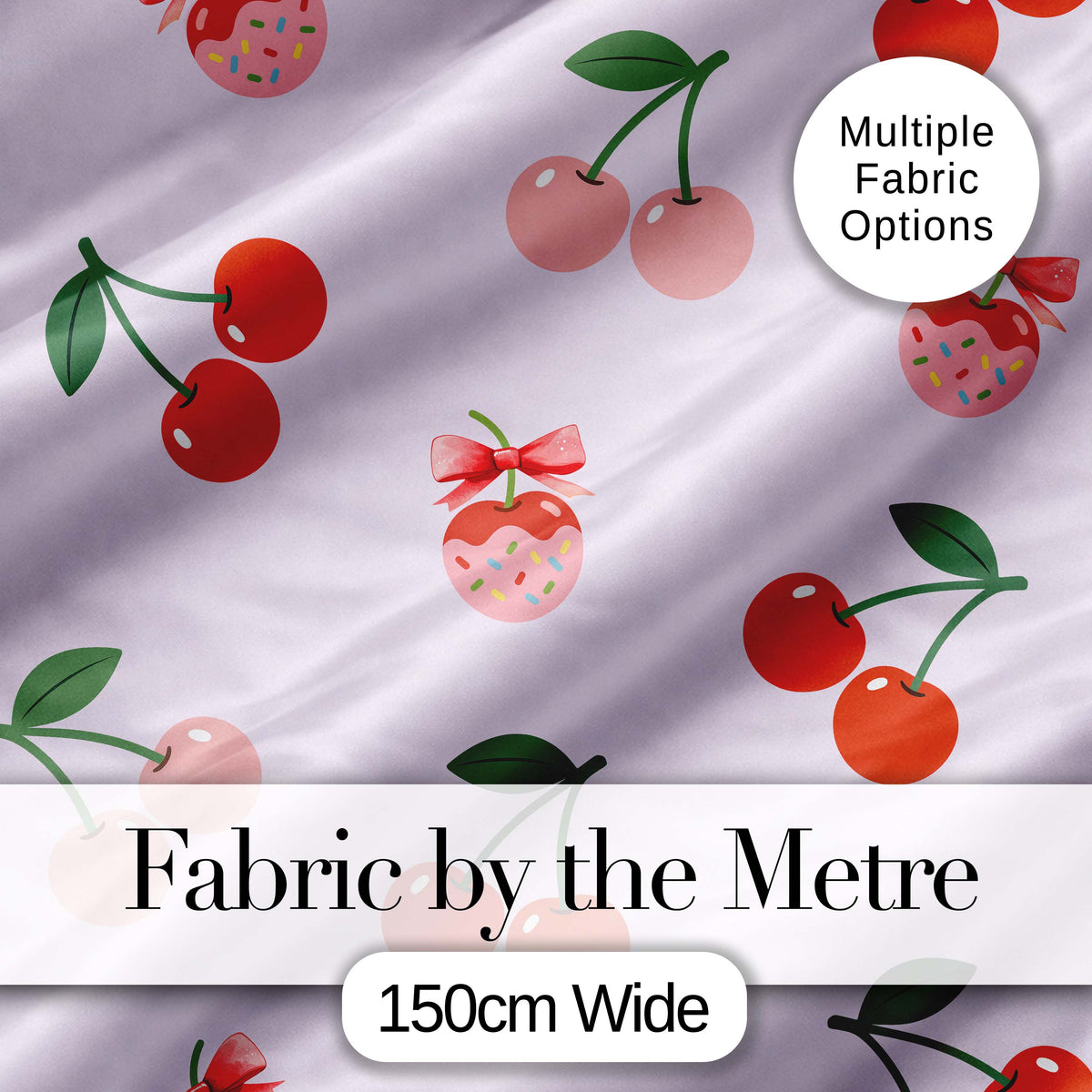 Cute Cherry Fruit with Bow and Sprinkles Seamless Pattern Soft Lilac Background Digital Print Fabric by the Metre UK Sewing Quilting Textile
