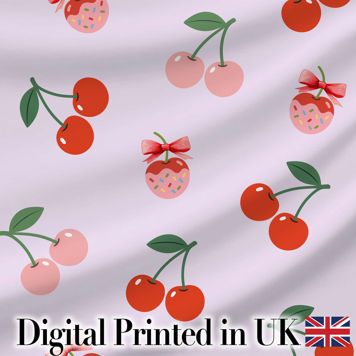 Cute Cherry Fruit with Bow and Sprinkles Seamless Pattern Soft Lilac Background Digital Print Fabric by the Metre UK Sewing Quilting Textile