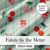 Cute Cherry Fruit with Bow and Sprinkles  Pattern Mint Stripe Background Digital Print Fabric by the Metre UK Sewing Quilting Textile