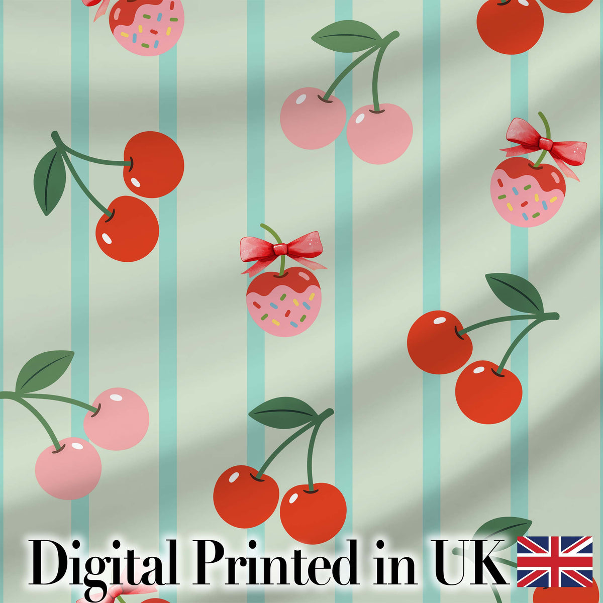 Cute Cherry Fruit with Bow and Sprinkles  Pattern Mint Stripe Background Digital Print Fabric by the Metre UK Sewing Quilting Textile