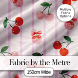 Cute Cherry Fruit with Bow and Sprinkles  Pattern Pink Stripe Background Digital Print Fabric by the Metre UK Sewing Quilting Textile