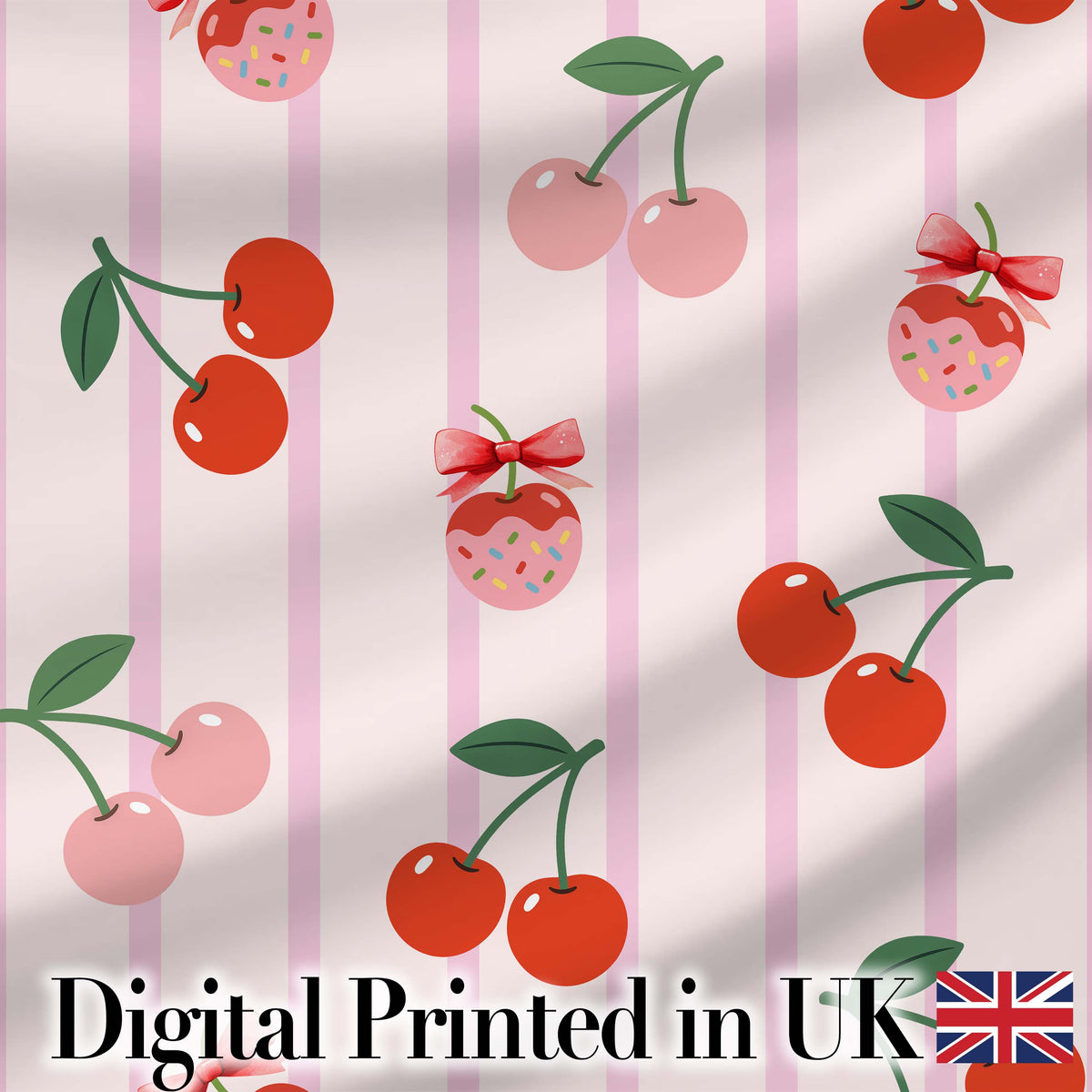Cute Cherry Fruit with Bow and Sprinkles  Pattern Pink Stripe Background Digital Print Fabric by the Metre UK Sewing Quilting Textile