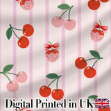 Cute Cherry Fruit with Bow and Sprinkles  Pattern Pink Stripe Background Digital Print Fabric by the Metre UK Sewing Quilting Textile